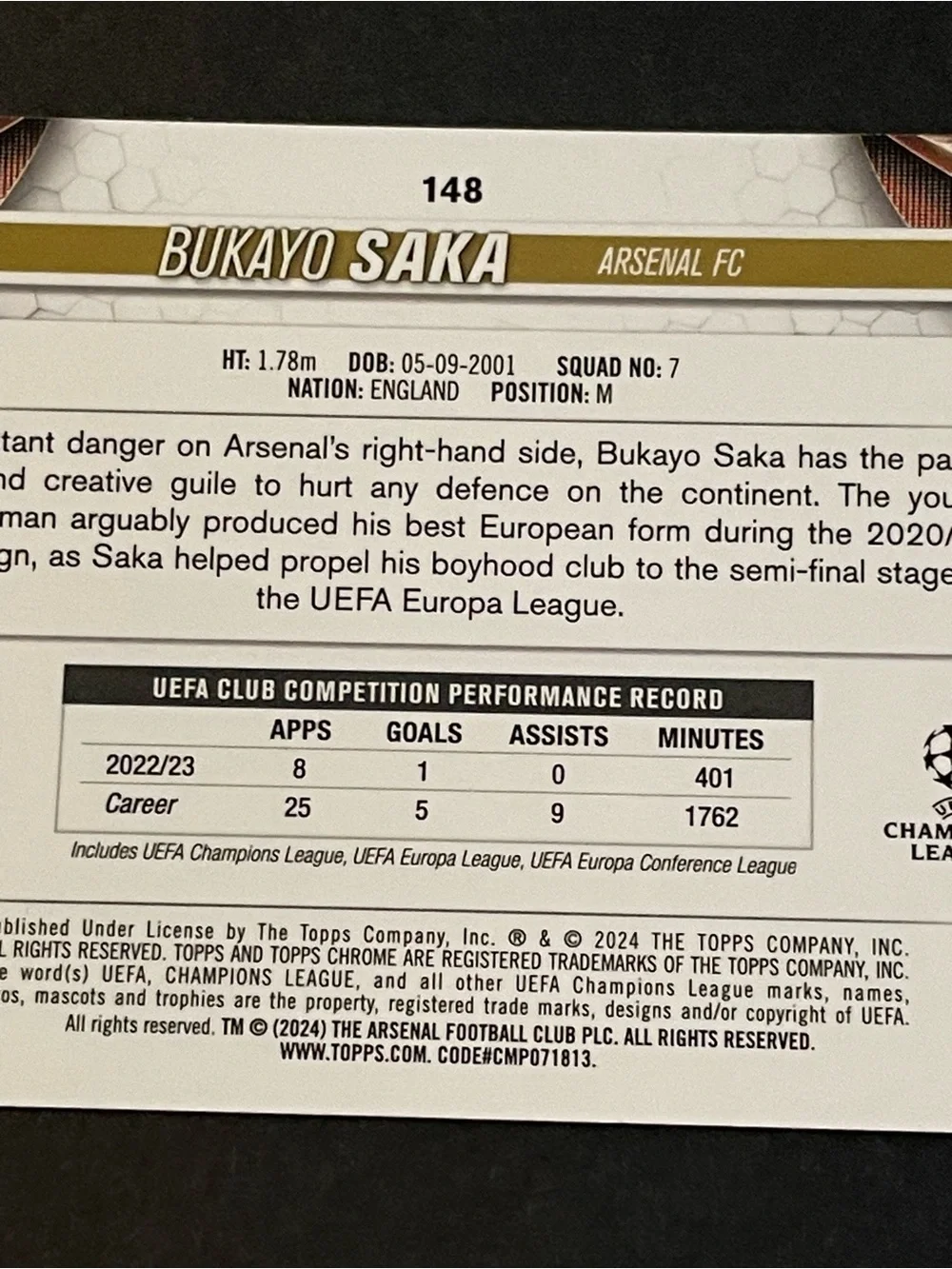 Bukayo Saka 2023/24 Topps Chrome UEFA Club Competitions #148 Arsenal Base Card - Picture 6 of 6